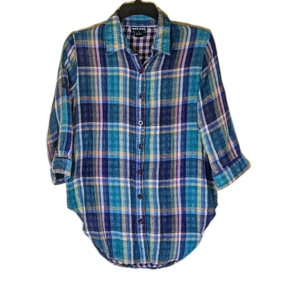 Wet Seal Women’s Sz S Plaid Lined W/ Gingham Button Down Shirt 100% Cotton